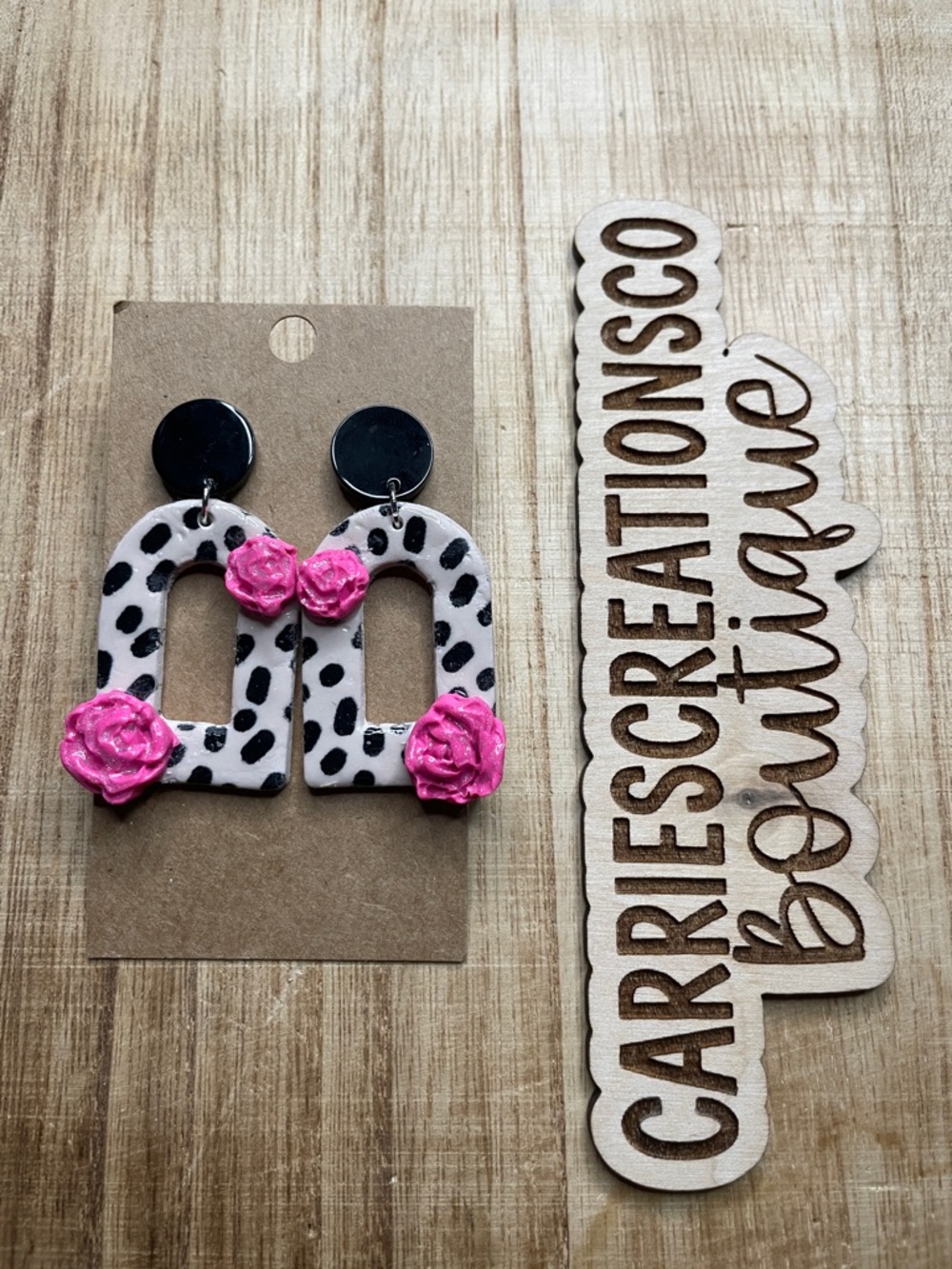 Handcrafted Pink Floral Dalmatian Arch Earrings